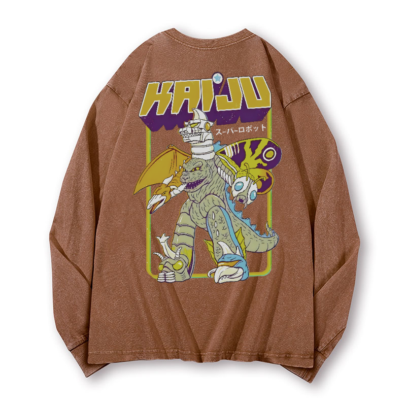 Kaiju Monster Vintage Washed Cotton Back Art Long-sleeve T-shirt
