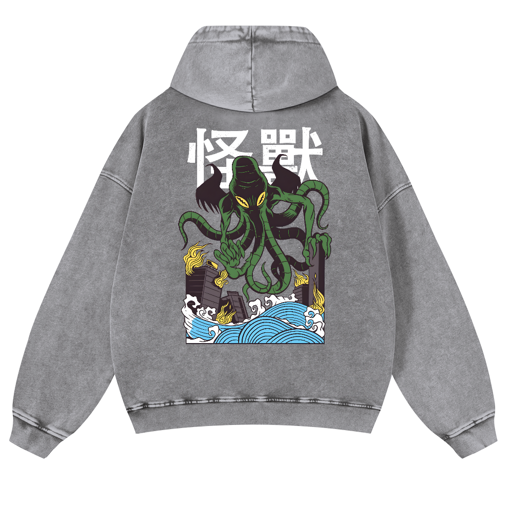 Octopus Monster Vintage Washed Cotton Back Art Hoodie