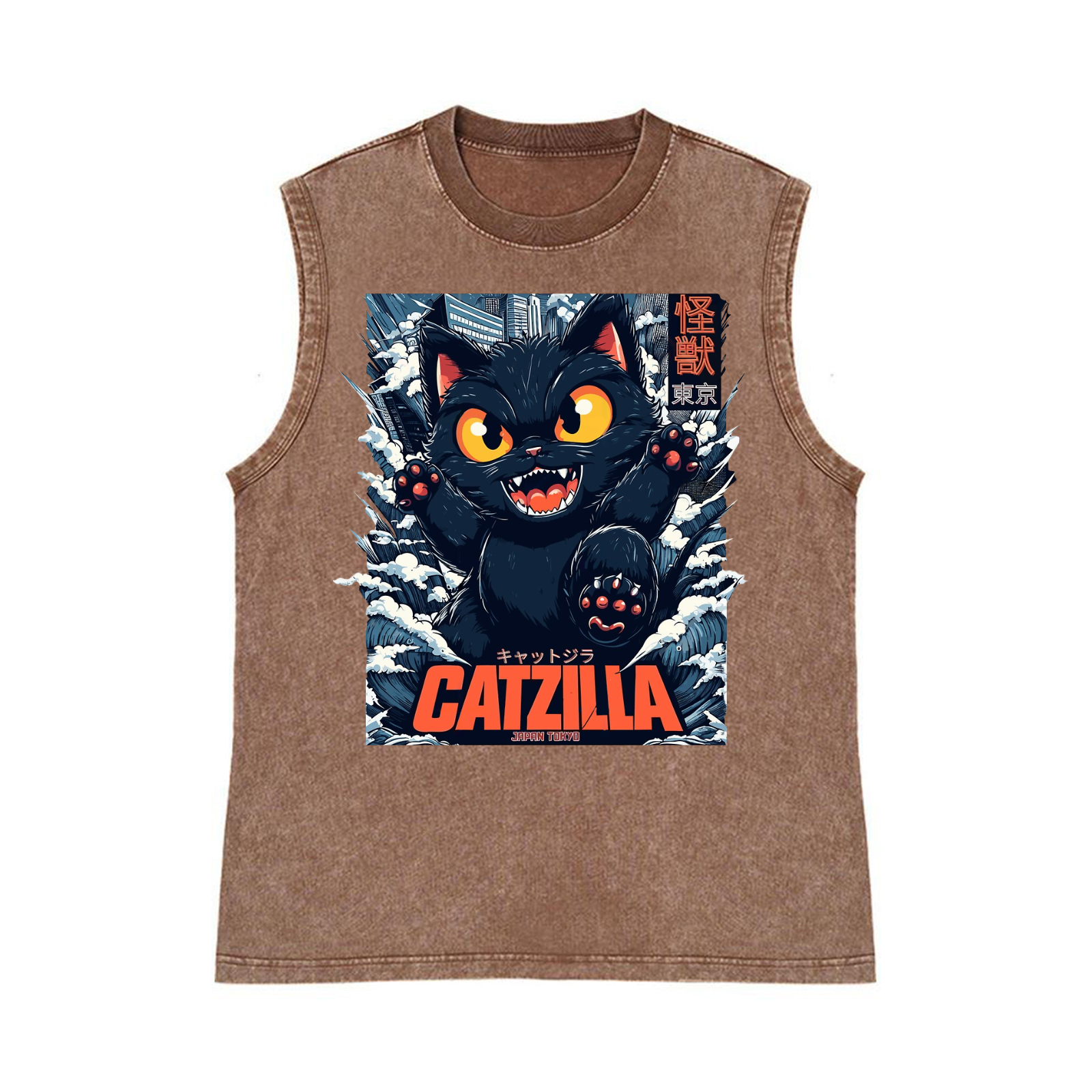 Catzilla Cat Kaiju Pure Cotton Wash-Dyed Sleeveless Tank Top