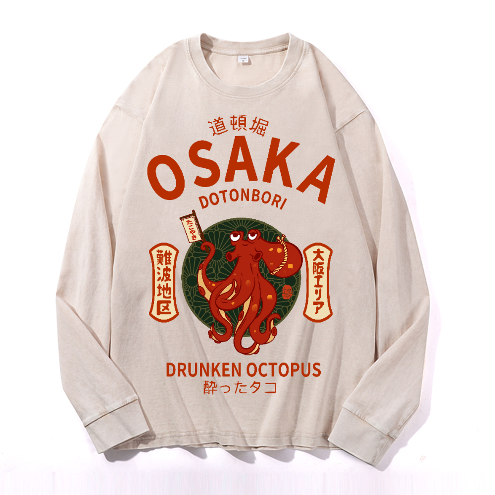 Osaka Dotonbori Drunken Octopus Vintage Cotton Wash Crewneck Long-Sleeve T-Shirt