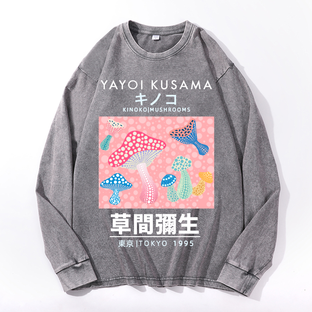 Yayoi Kusama Mushroom Vintage Cotton Wash Crewneck Long-Sleeve T-Shirt