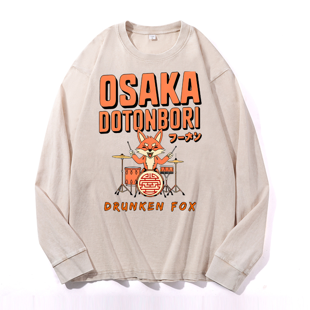 Osaka Dotonbori Drunken Fox Vintage Cotton Wash Crewneck Long-Sleeve T-Shirt