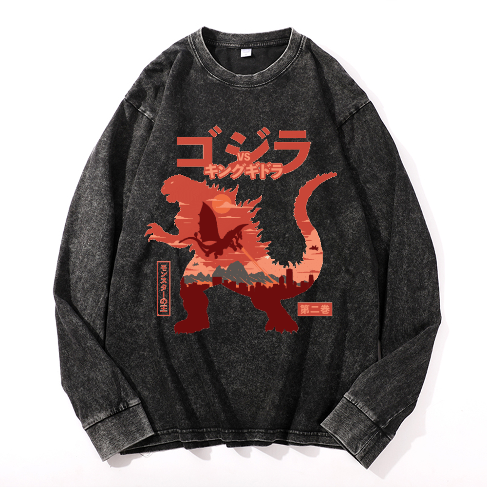 Kaiju vs. King Ghidorah Showdown Vintage Cotton Wash Crewneck Long-Sleeve T-Shirt