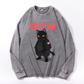 Battle Black Cat Vintage Cotton Wash Crewneck Long-Sleeve T-Shirt