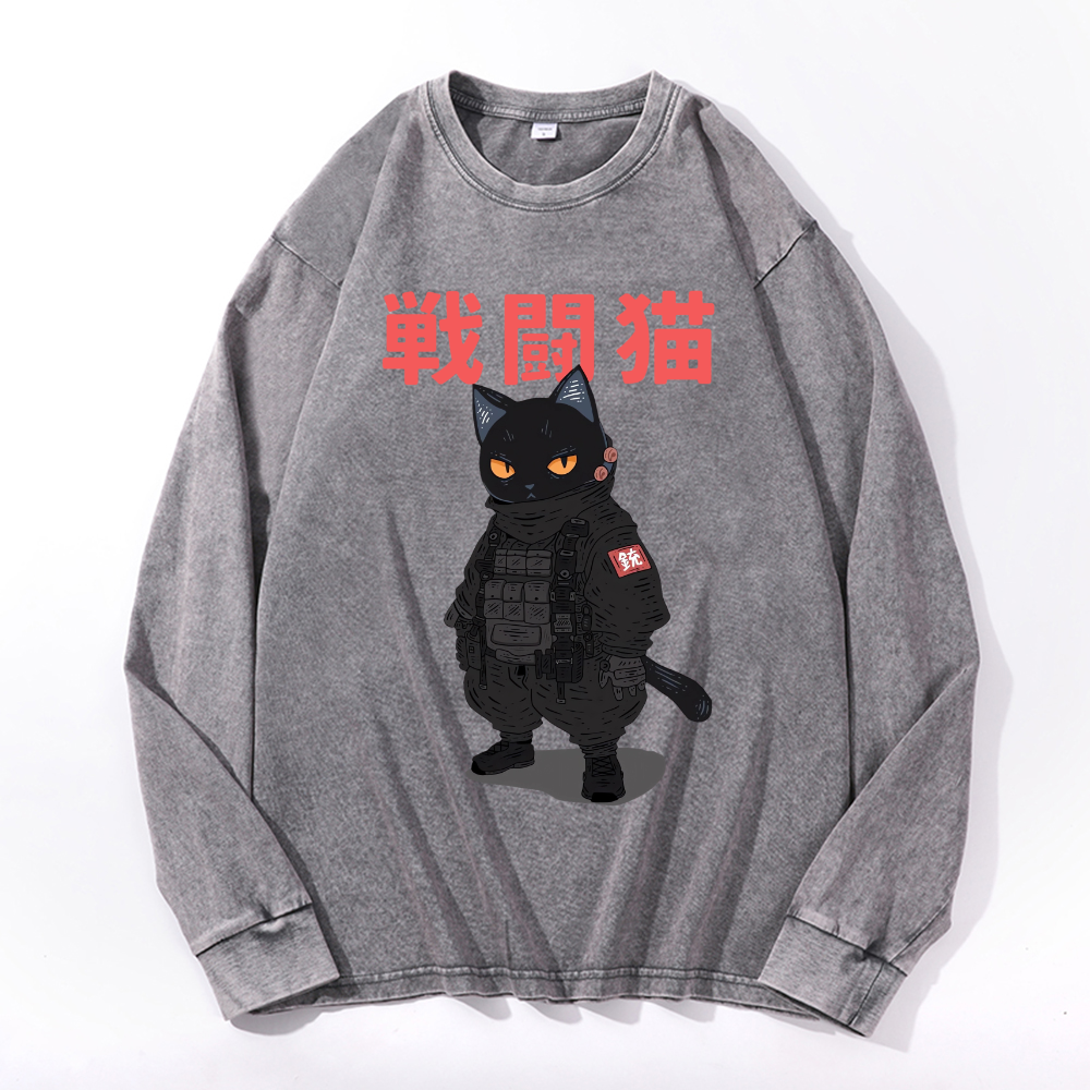 Battle Black Cat Vintage Cotton Wash Crewneck Long-Sleeve T-Shirt