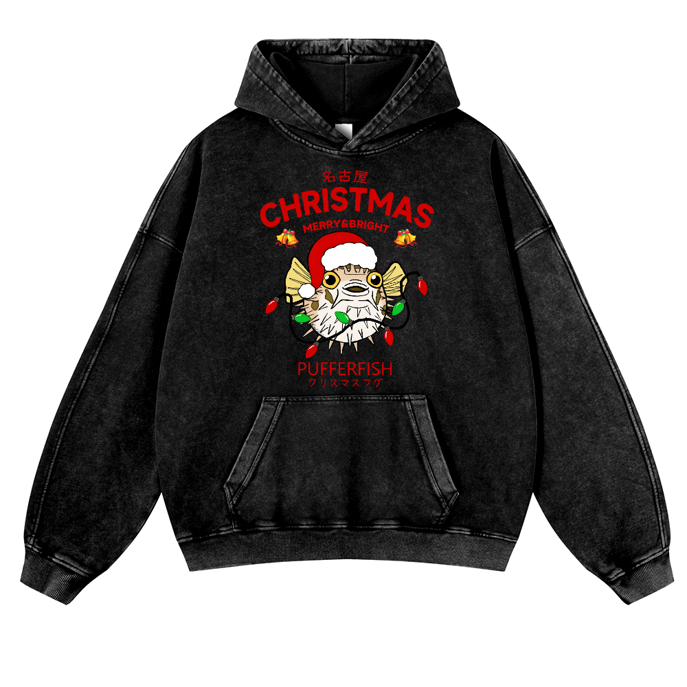 Christmas Puffer Fish Vintage Washed Thick Cotton Hoodie