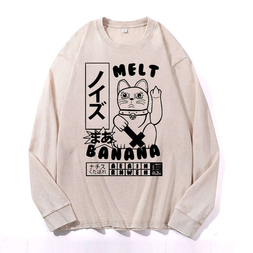 Cat Vintage Cotton Wash Crewneck Long-Sleeve T-Shirt