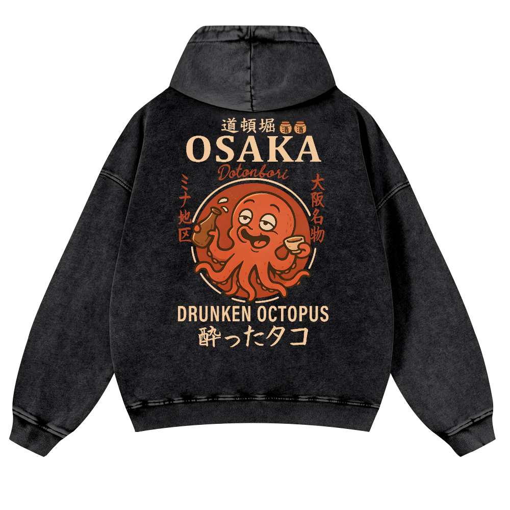 Osaka Dotonbori Drunken Octopus Vintage Washed Cotton Back Art Hoodie