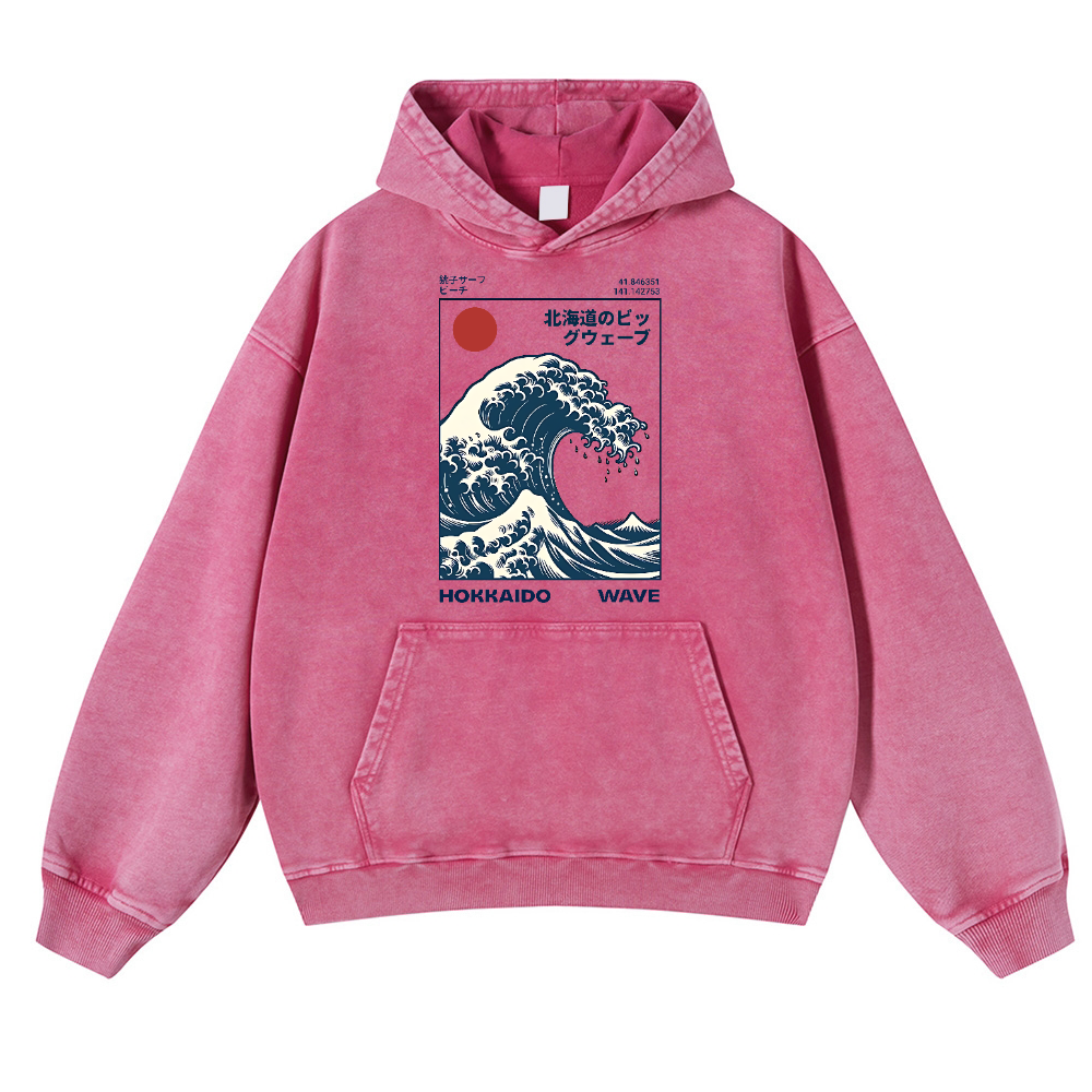 Hokkaido The Great Wave off Kanagawa Ukiyoe Vintage Washed Thick Cotton Hoodie