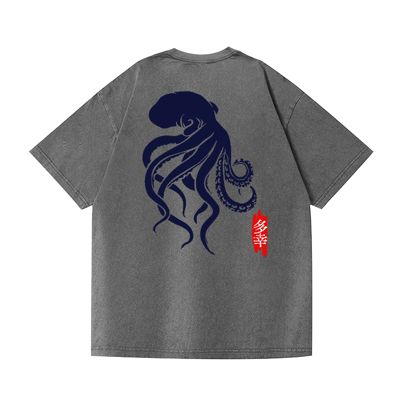 Octopus Vintage Wash Japanese Design Back Art T-Shirt