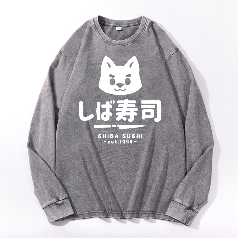 Shiba Sushi Vintage Cotton Wash Crewneck Long-Sleeve T-Shirt