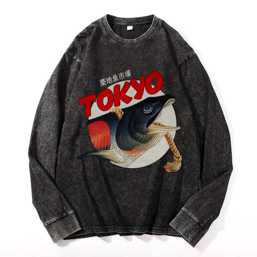 Tokyo Fish Vintage Cotton Wash Crewneck Long-Sleeve T-Shirt