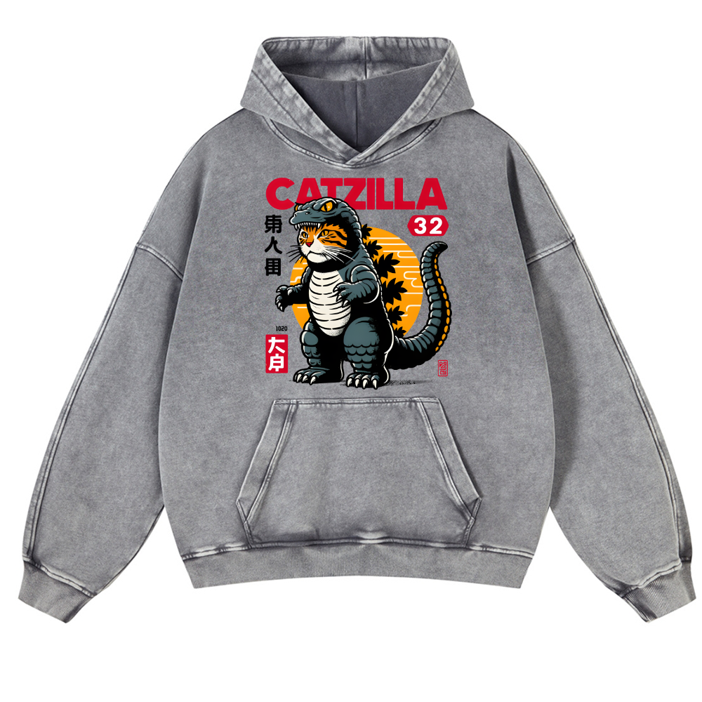 Catzilla Cat Kaiju Vintage Washed Thick Cotton Hoodie