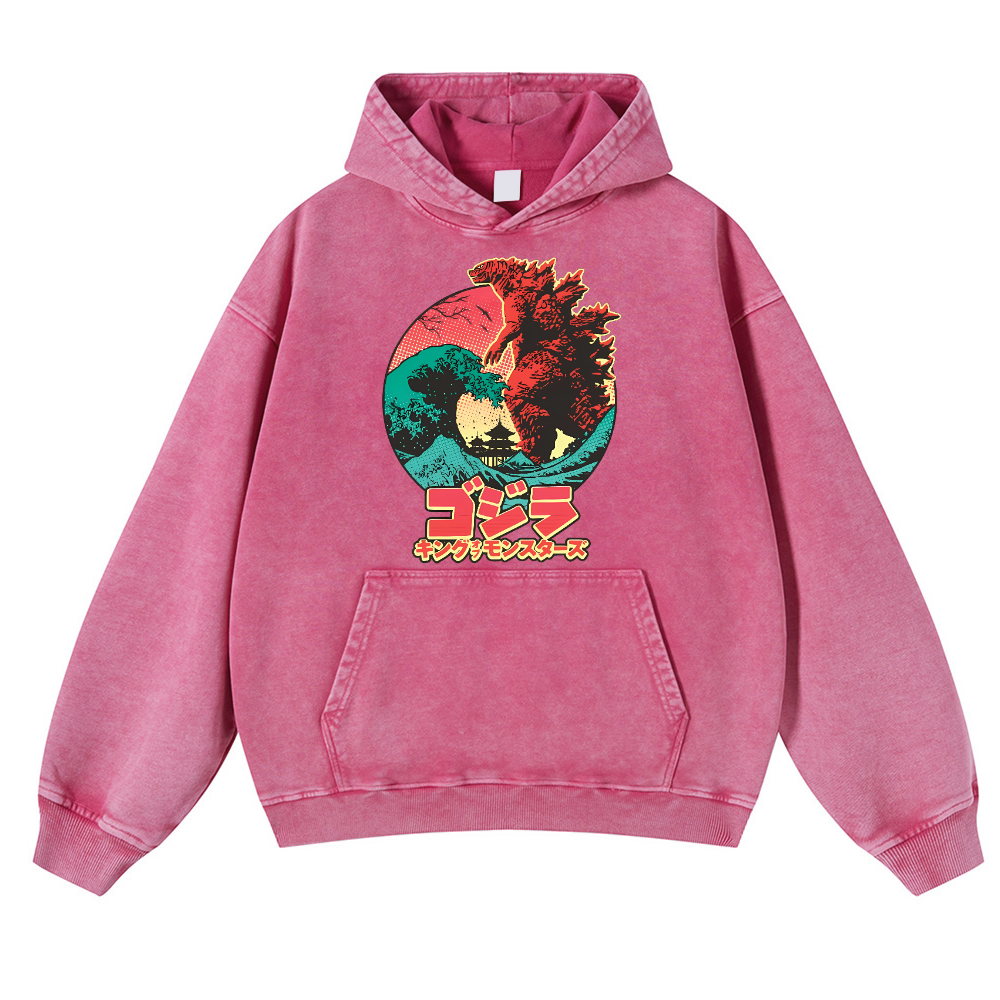 Kaiju Wave Vintage Washed Thick Cotton Hoodie