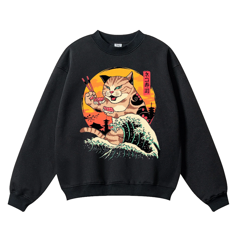 Cat Sushi Great Wave Vintage Cotton Blend Crewneck Sweatshirt