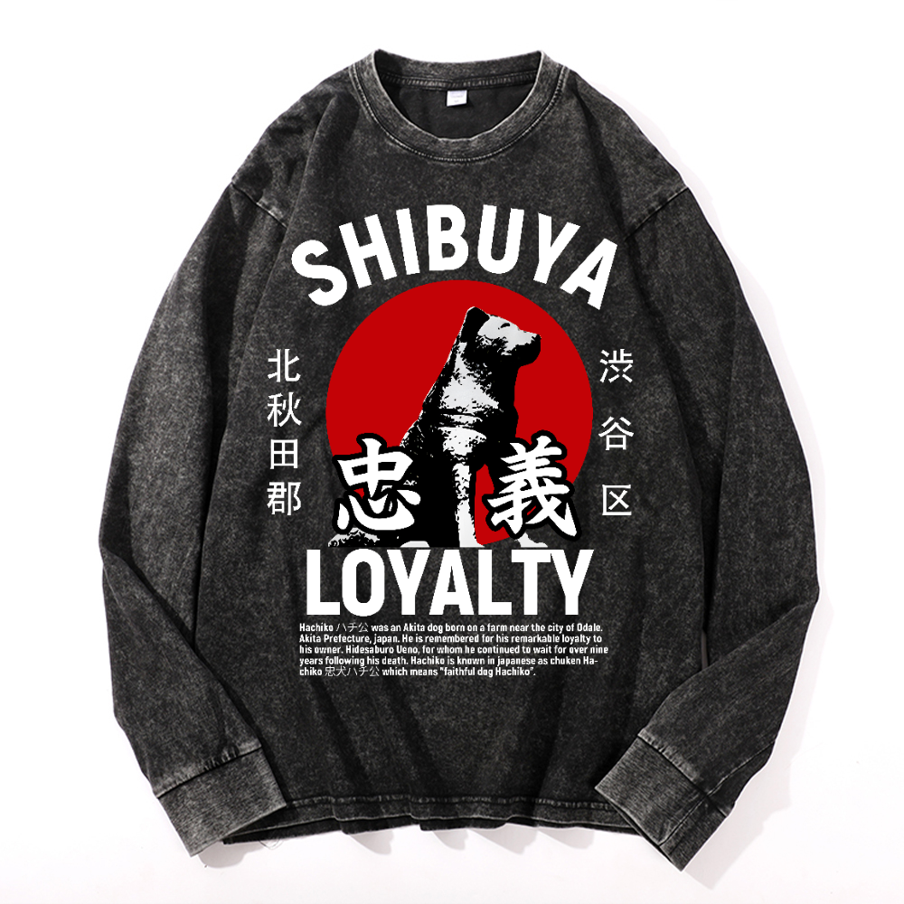 Shibuya Hachiko Vintage Cotton Wash Crewneck Long-Sleeve T-Shirt
