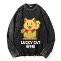 Mosaic Lucky Cat Vintage Cotton Wash Long-sleeve T-shirt