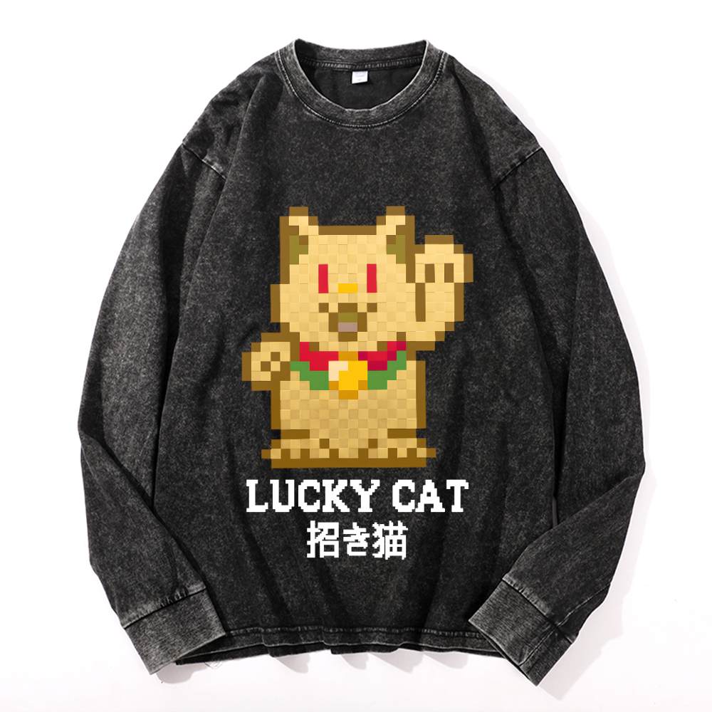 Mosaic Lucky Cat Vintage Cotton Wash Long-sleeve T-shirt