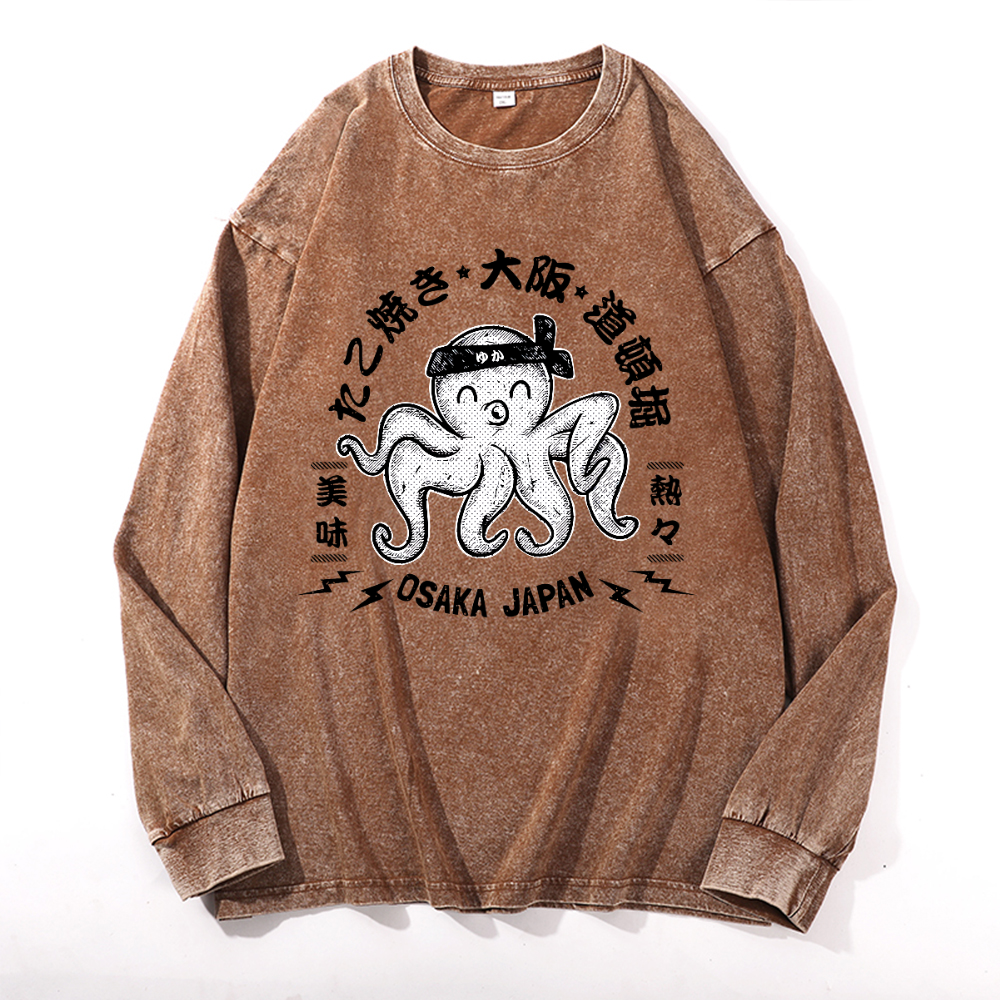 Octopus Takoyaki Osaka Japan Vintage Cotton Wash Crewneck Long-Sleeve T-Shirt