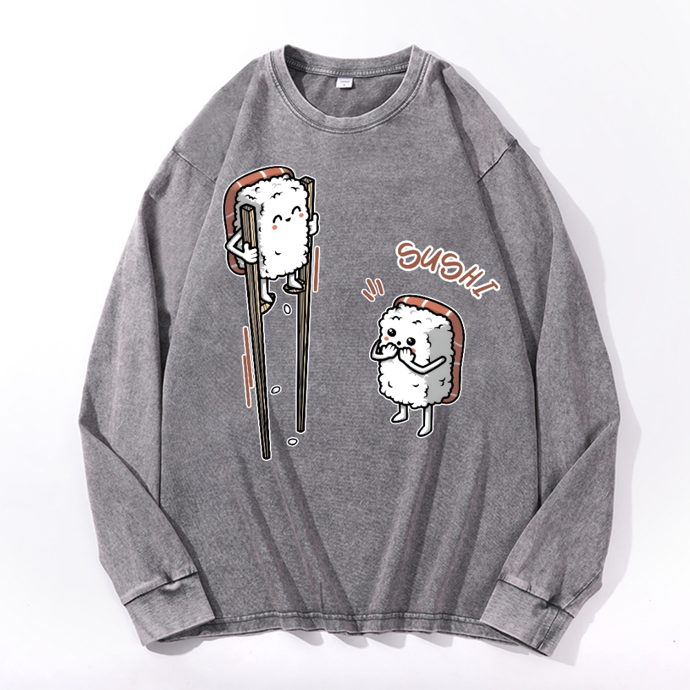Sushi Vintage Cotton Wash Crewneck Long-Sleeve T-Shirt