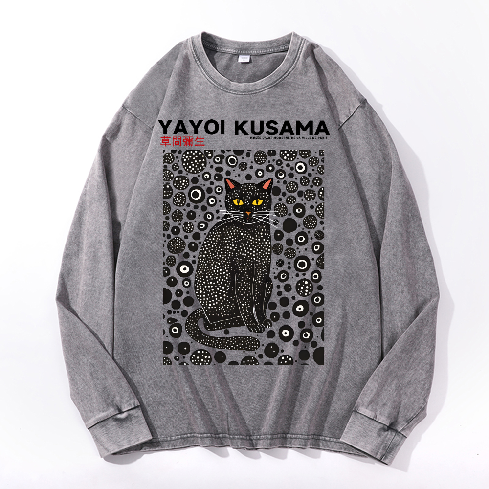 Yayoi Kusama Cat Vintage Cotton Wash Crewneck Long-Sleeve T-Shirt