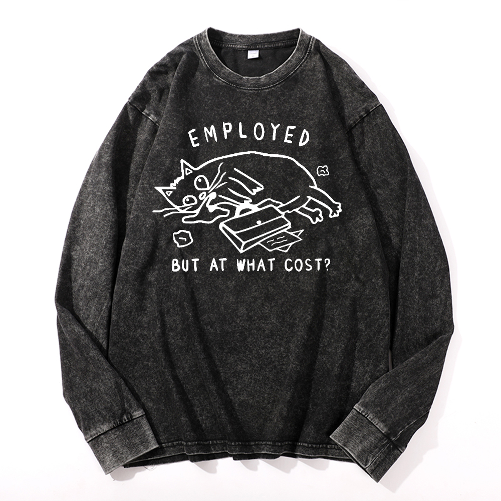 Cat Vintage Cotton Wash Crewneck Long-Sleeve T-Shirt