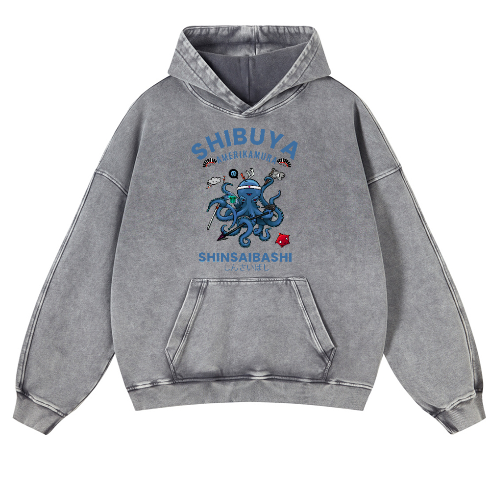 Shibuya Octopus Vintage Washed Thick Cotton Hoodie
