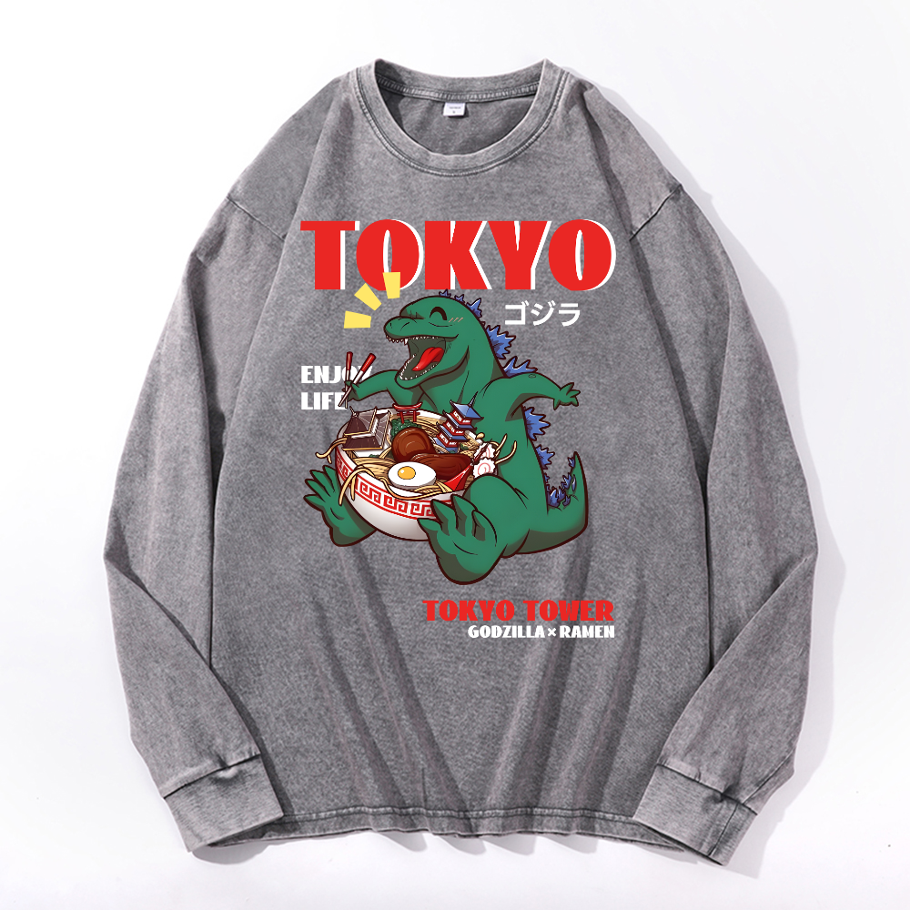 Tokyo Kaiju Ramen Vintage Cotton Wash Long-sleeve T-shirt