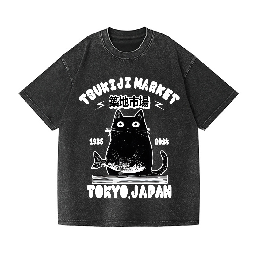 Tsukiji Market Cat Vintage Wash Japanese Design T-Shirt
