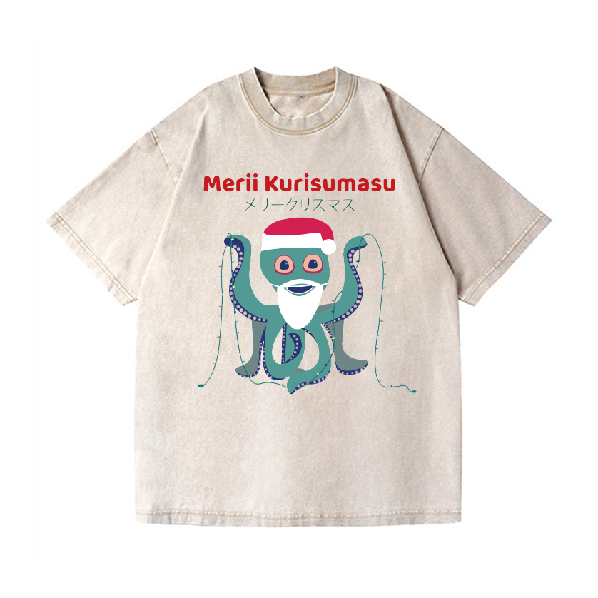 Christmas Octopus Vintage Wash Japanese Design T-Shirt