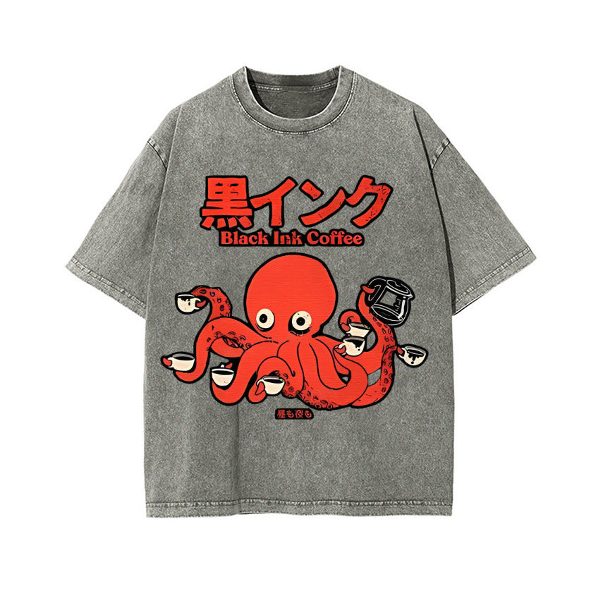 Octopus Coffee Vintage Wash Japanese Design T-Shirt