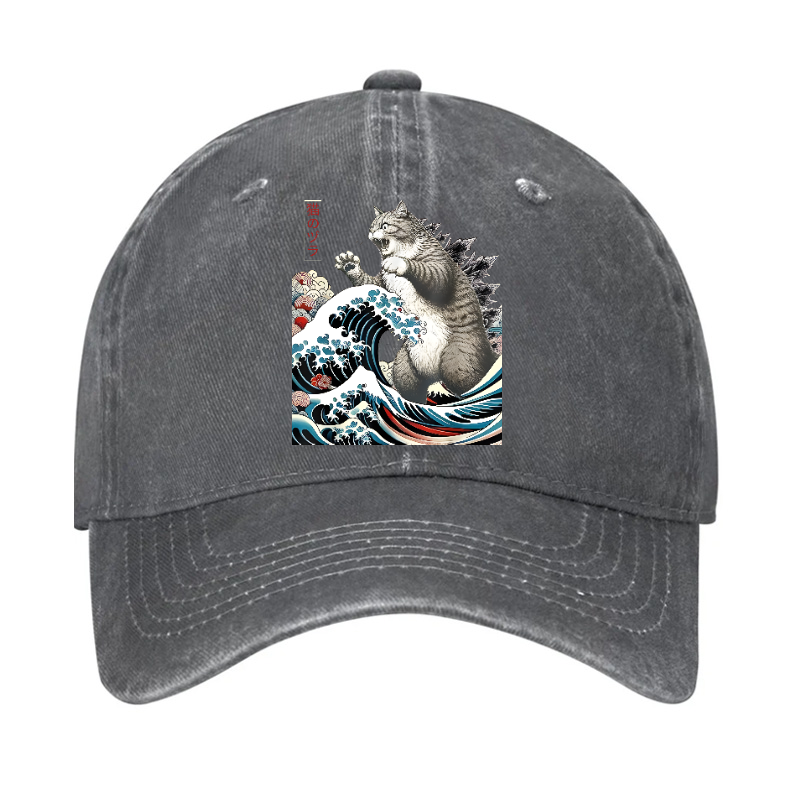 Cat Kaiju Ukiyoe Great Wave Vintage Cotton Hat