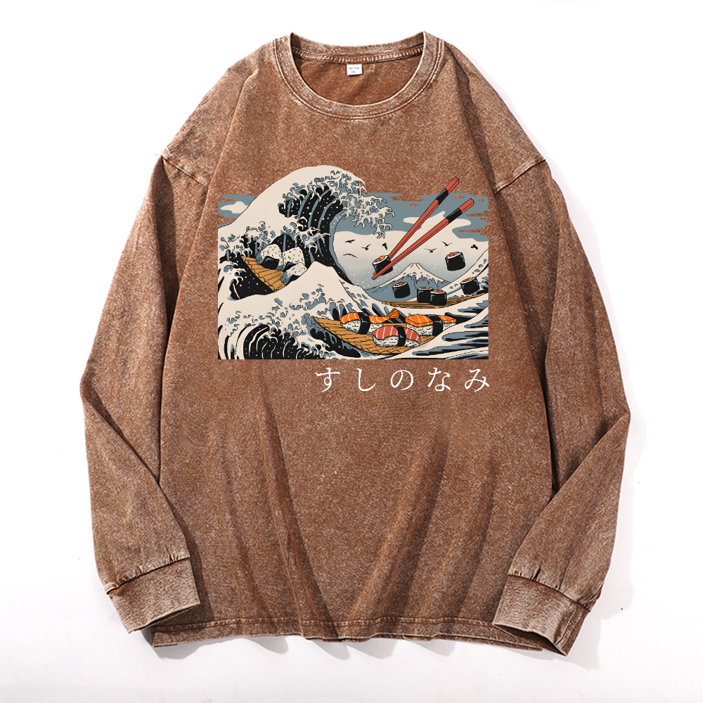 Sushi Kanagawa Vintage Cotton Wash Crewneck Long-Sleeve T-Shirt