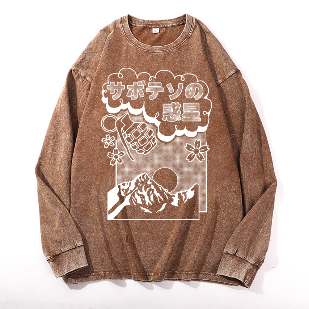 Sakura Vintage Cotton Wash Crewneck Long-Sleeve T-Shirt