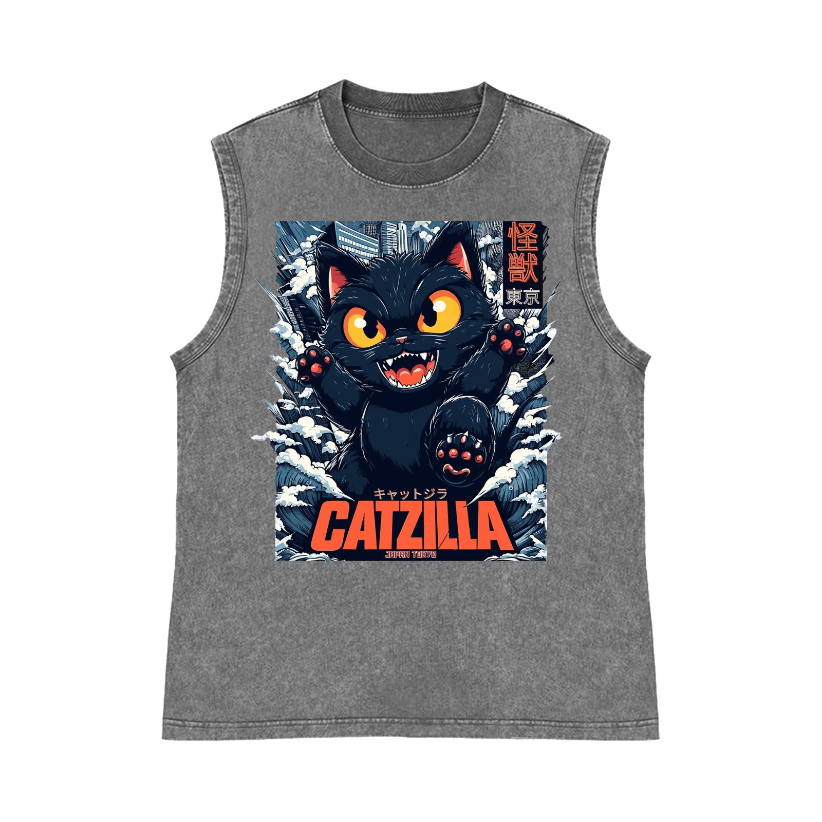 Catzilla Cat Kaiju Pure Cotton Wash-Dyed Sleeveless Tank Top