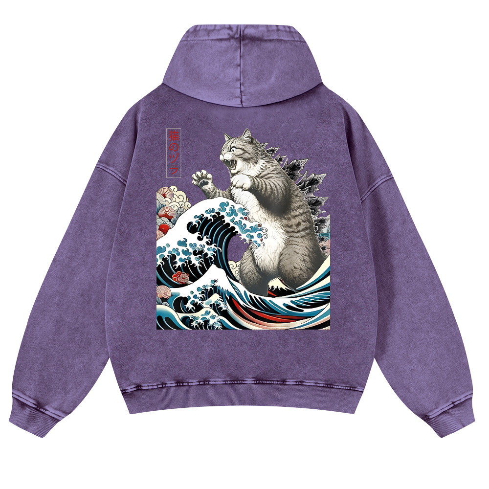 Cat Kaiju Ukiyoe Great Wave Vintage Washed Cotton Back Art Hoodie