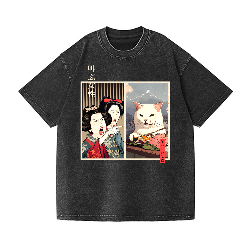 Women Yelling Cats Vintage Wash Japanese Design T-Shirt