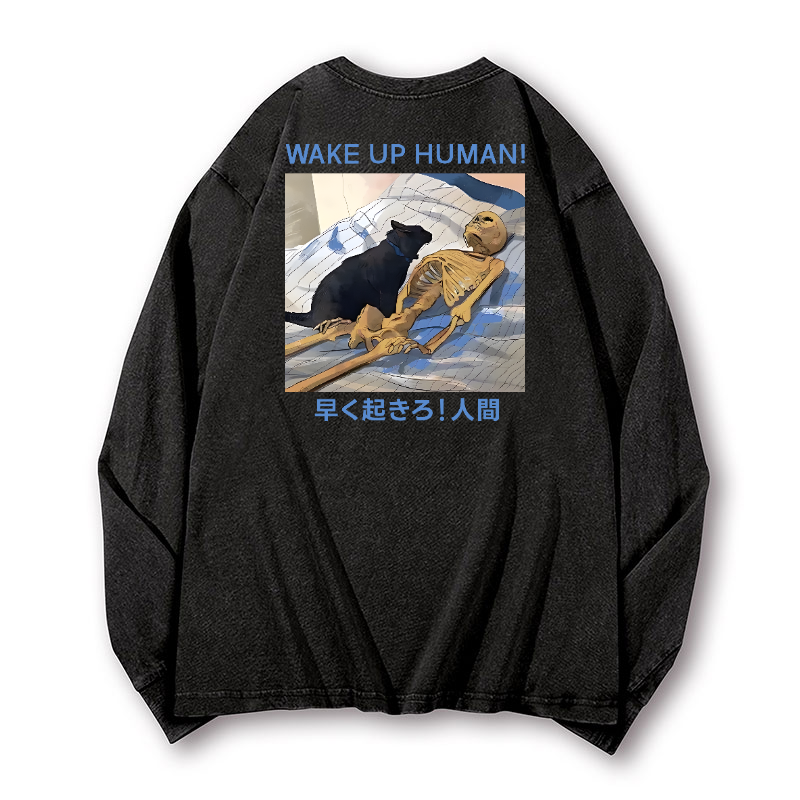 Wake Up Human Vintage Washed Cotton Back Art Long-sleeve T-shirt
