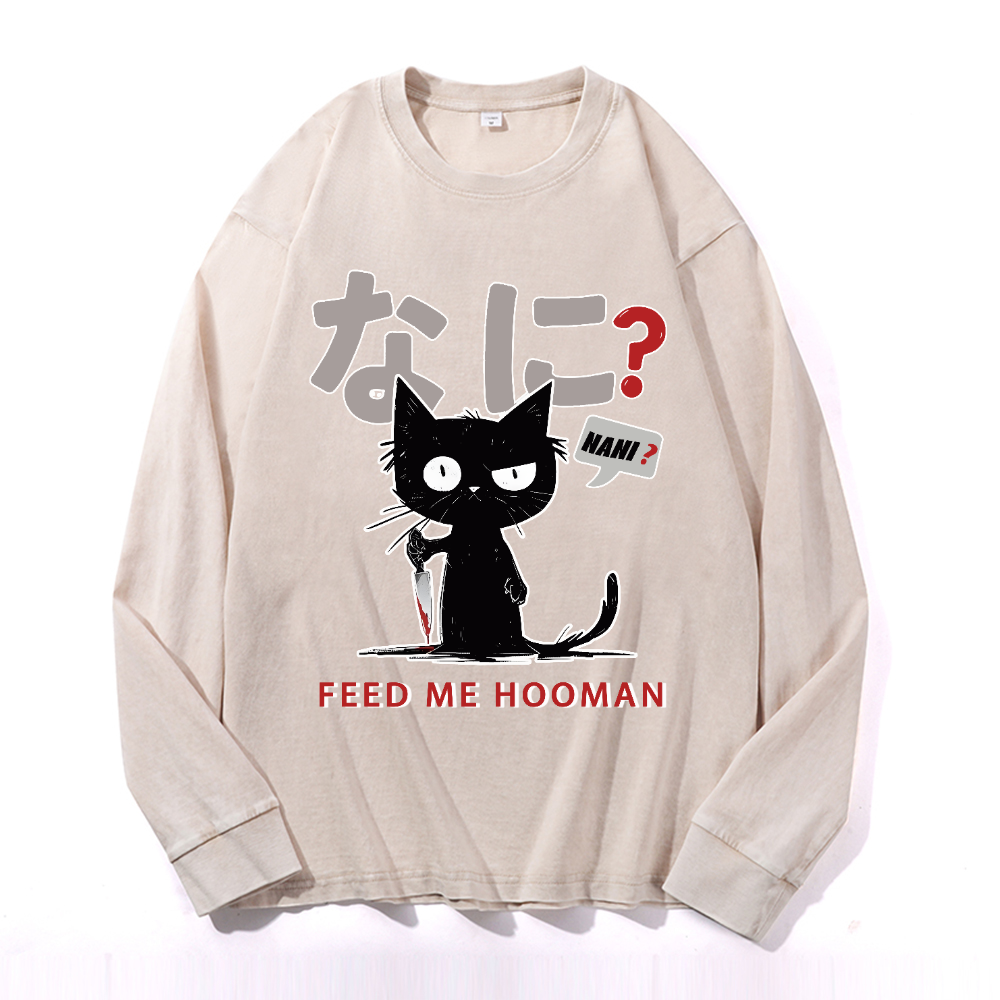 Cat Feed Me Vintage Cotton Wash Long-sleeve T-shirt