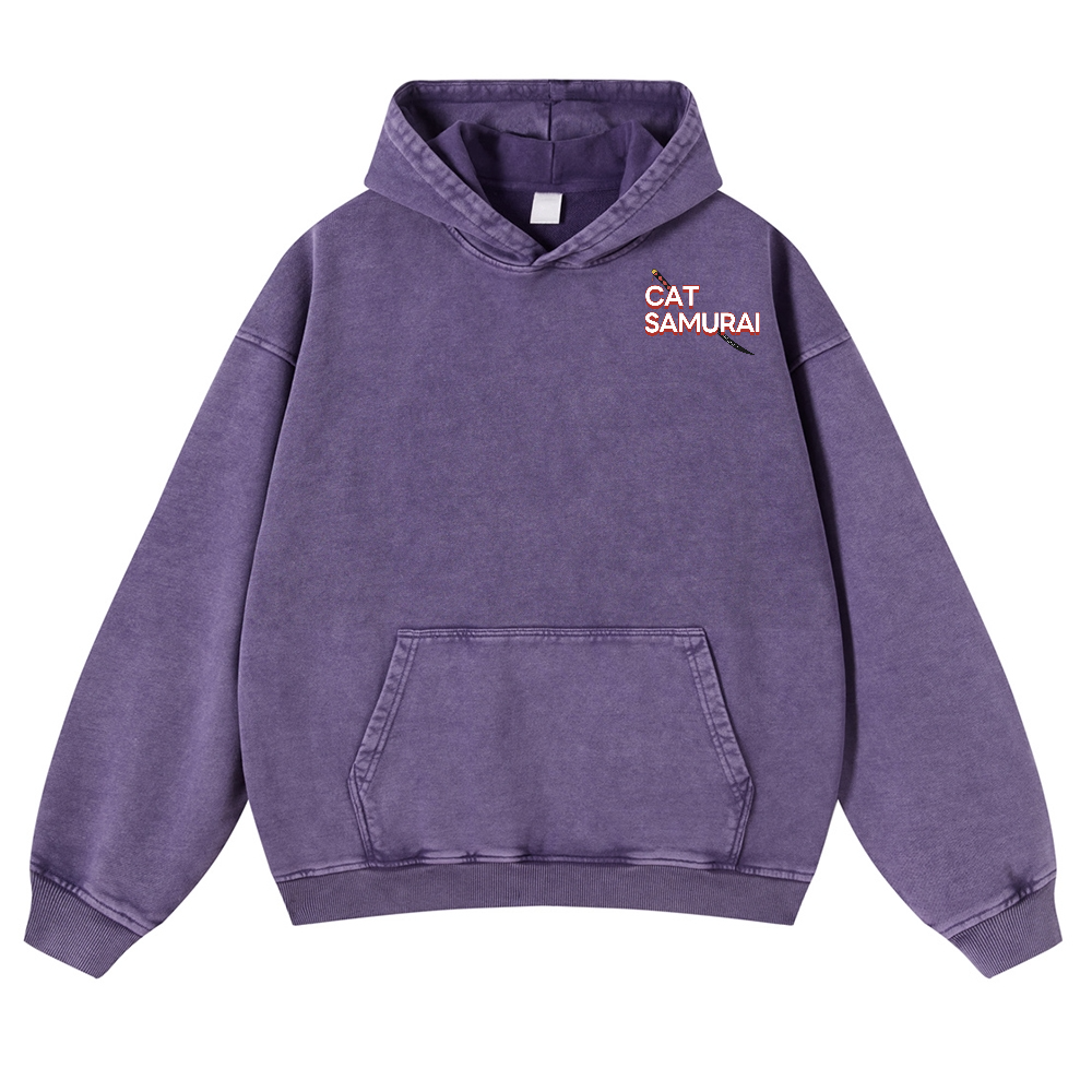Cat Samurai Vintage Washed Cotton Back Art Hoodie