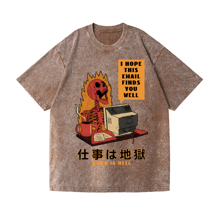 Skull Work Is Hell Vintage Wash Japanese Design T-Shirt