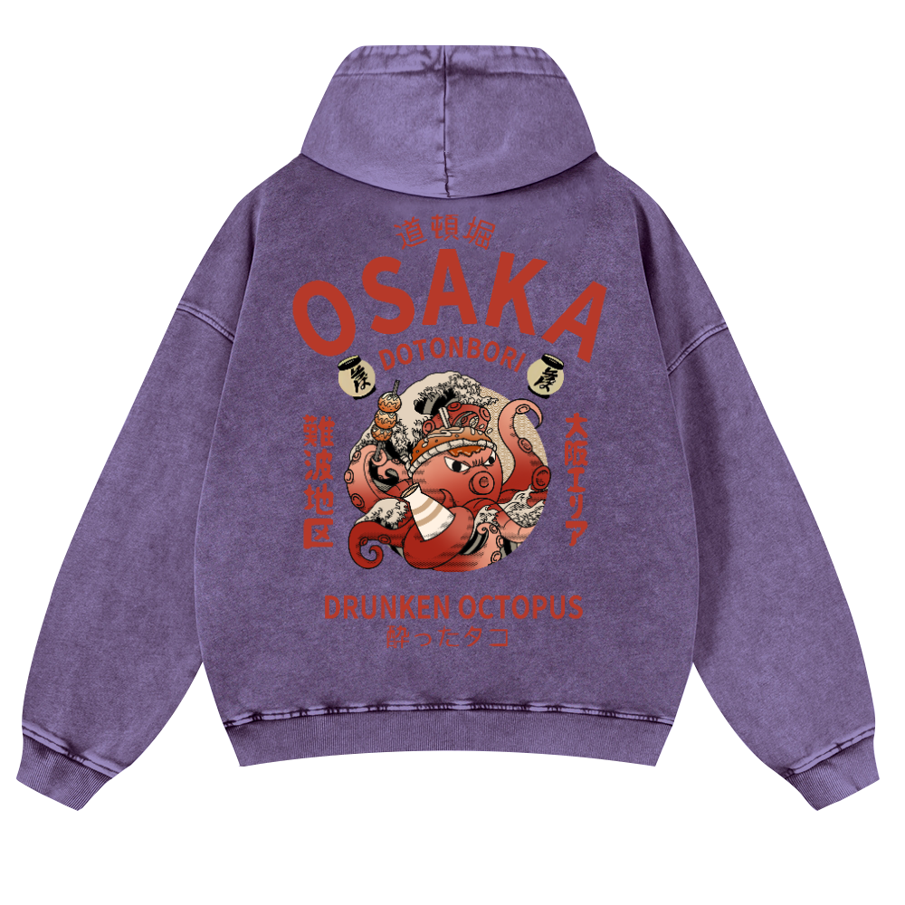 Osaka Dotonbori Drunken Octopus Vintage Washed Cotton Back Art Hoodie