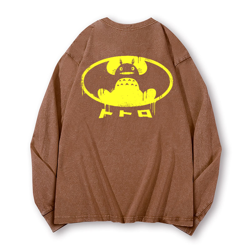 Ghibli Totoro Batman Vintage Washed Cotton Back Art Long-sleeve T-shirt
