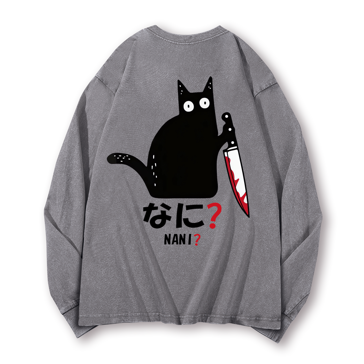 The Black Cat with a Knife Vintage Washed Cotton Back Art Long-sleeve T-shirt