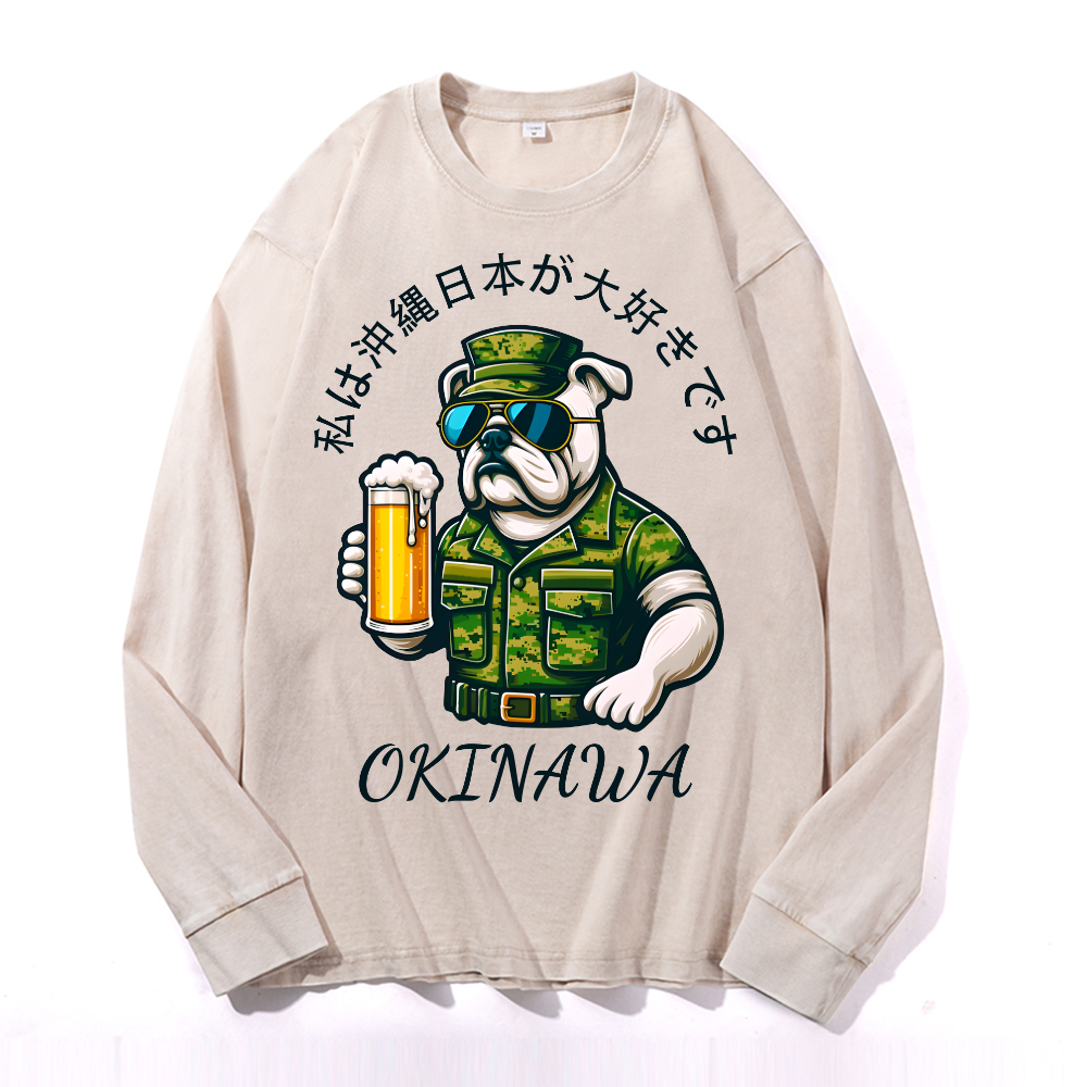 Okinawa Dog Vintage Cotton Wash Crewneck Long-Sleeve T-Shirt