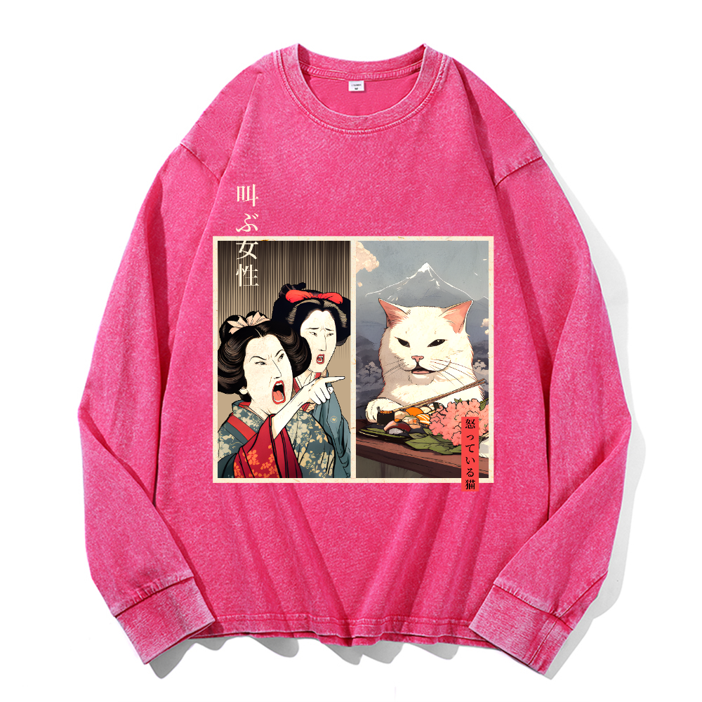 Women Yelling Cat Vintage Cotton Wash Crewneck Long-Sleeve T-Shirt