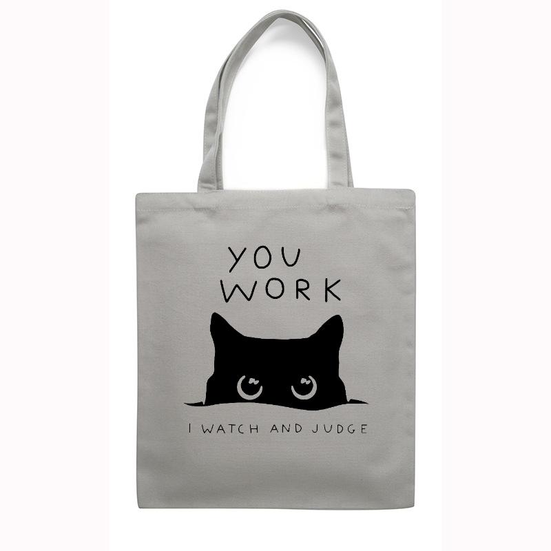 Black Cat Watching Your Work Japanese Style Canvas Tote Bag