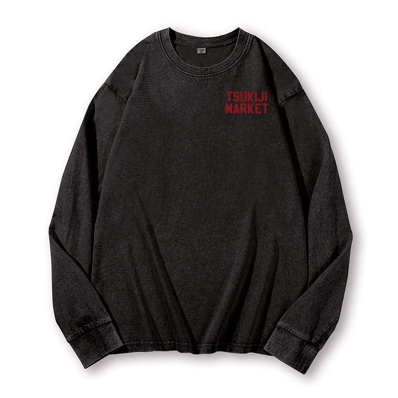 Tsukiji Fish Market Vintage Washed Cotton Back Art Long-sleeve T-shirt