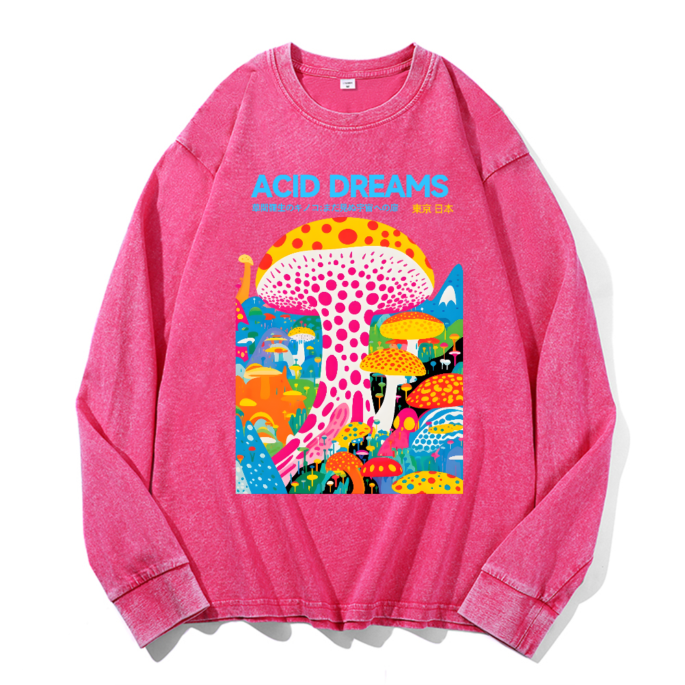 Yayoi Kusama Mushroom Vintage Cotton Wash Crewneck Long-Sleeve T-Shirt