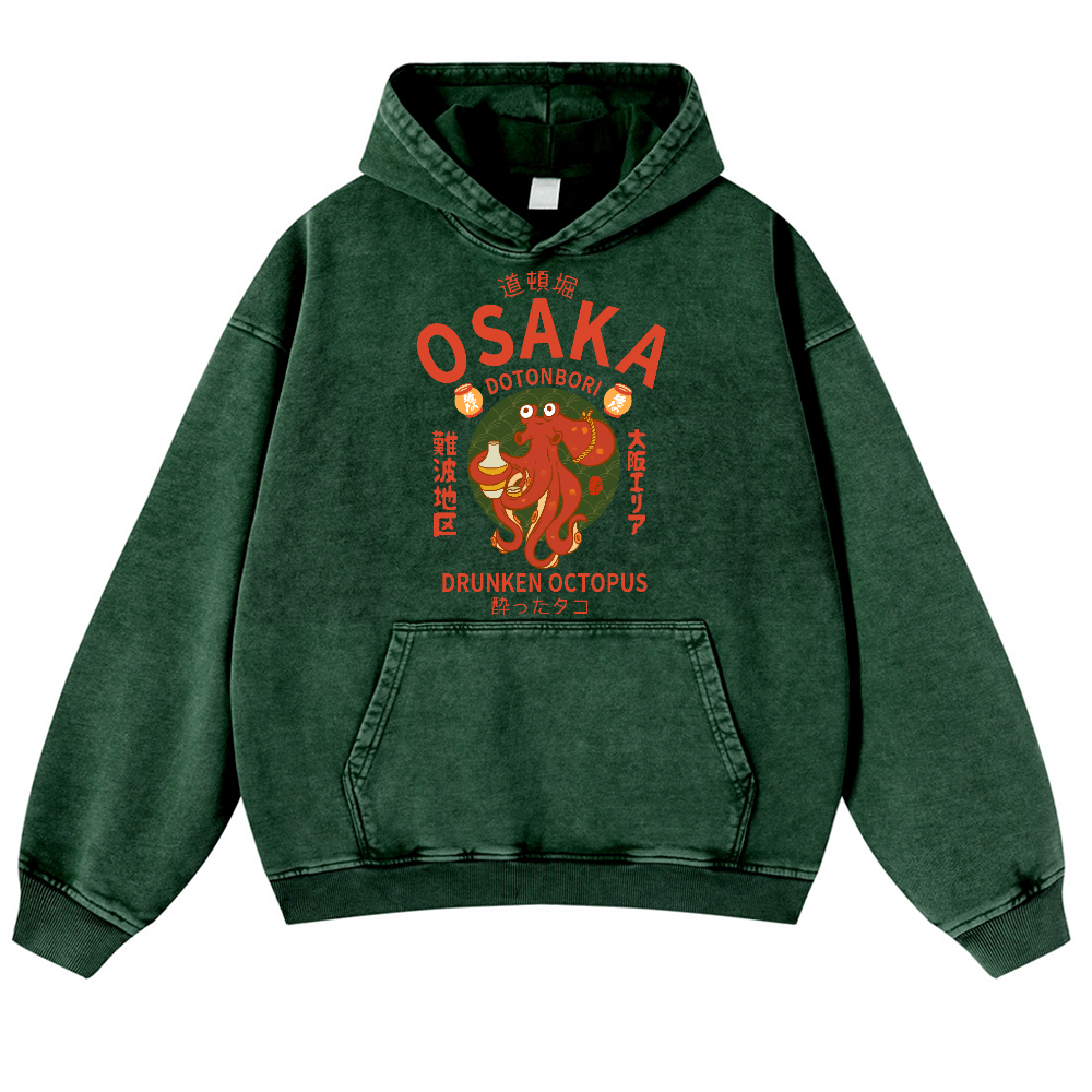 Osaka Dotonbori Drunken Octopus Vintage Washed Thick Cotton Hoodie